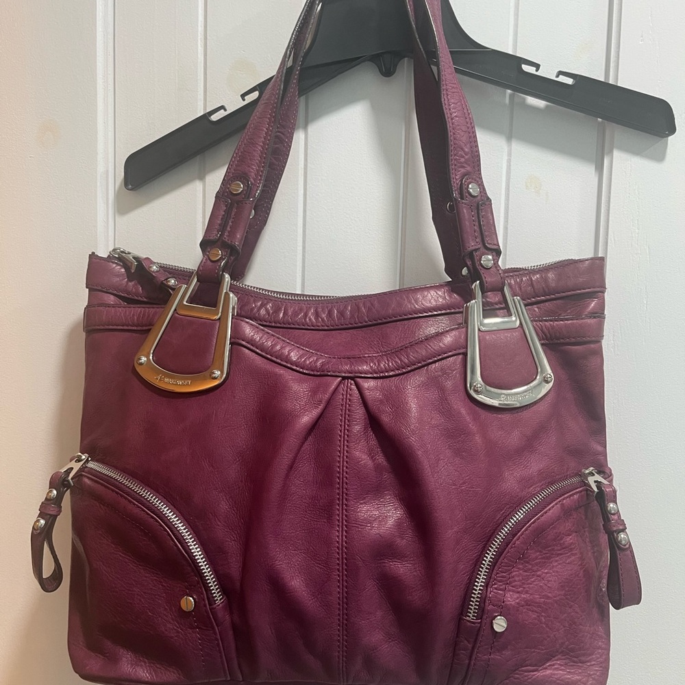 B. Makowsky Purple Shoulder Bag with Gold Hardware and Structured Design